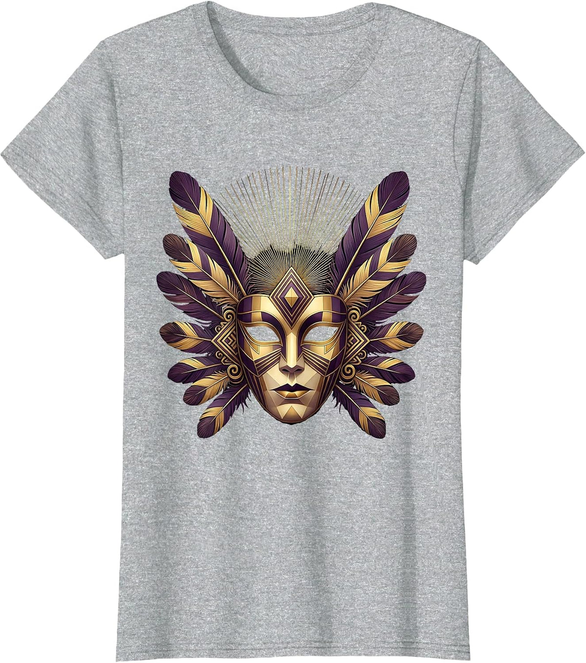 Mardi Gras Ornate Masquerade Mask Feather Plumes T-Shirt - Heather Grey