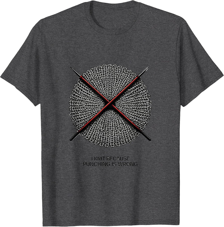 Men's I Knit Because Punching Is Wrong Knitting Humor Craft Lover T-Shirt - Dark Heather Grey