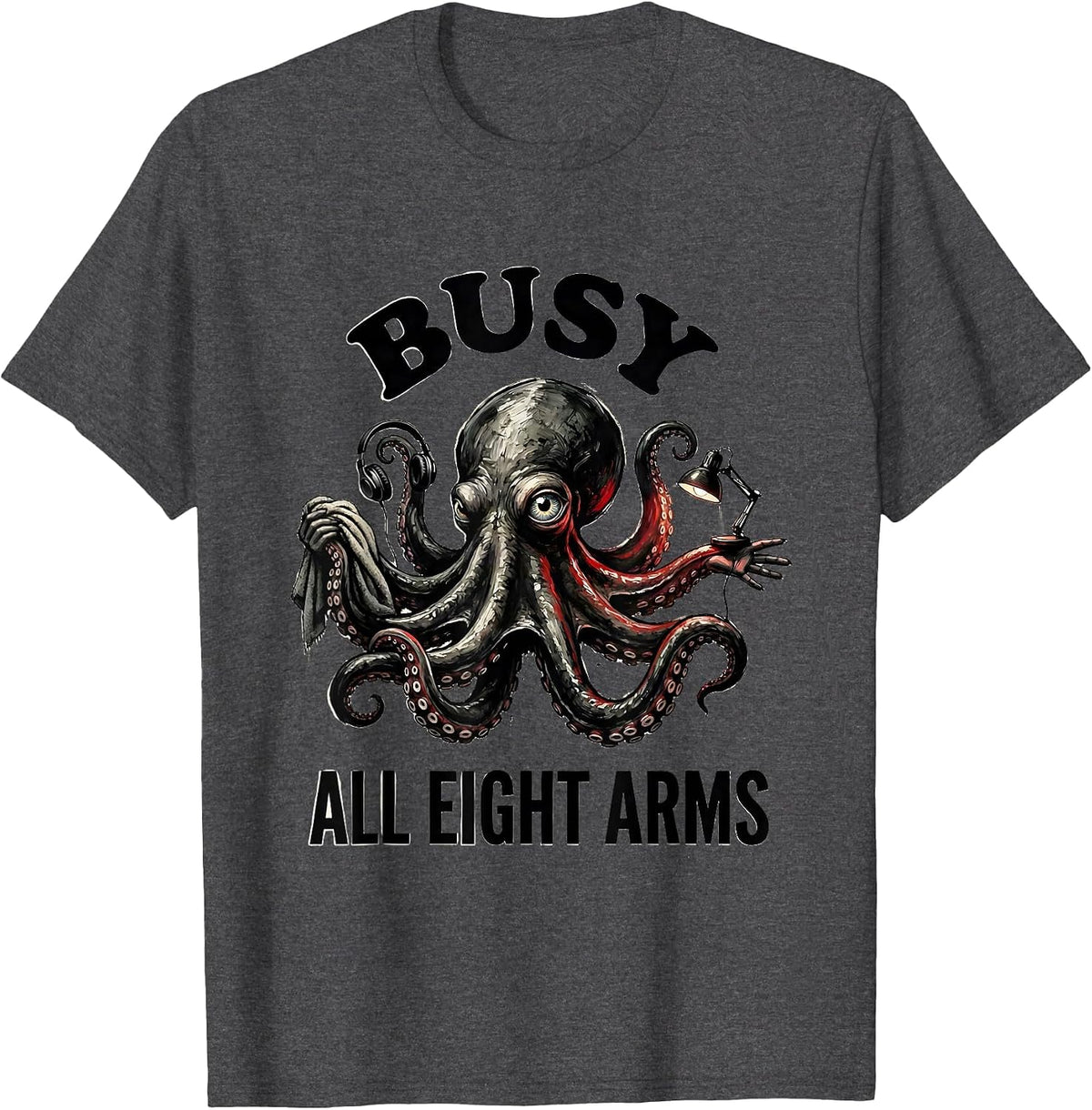 Busy, All Eight Arms Ink Brush Octopus Art Book Lover T-Shirt - Dark Heather Grey