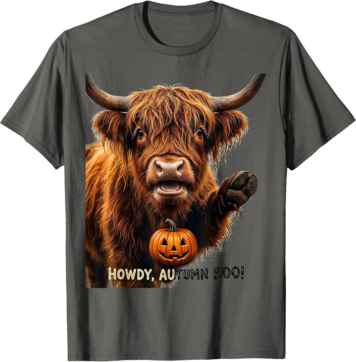 Howdy, Autumn Boo! Funny Highland Cow Fall Halloween Humor T-Shirt - Asphalt Grey