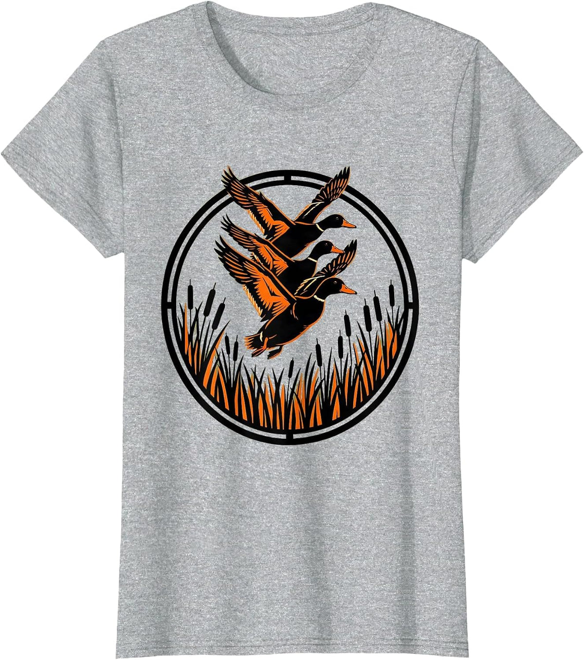 Women's Duck Camo Flock Over Misty Wetlands Illustration T-Shirt - Heather Grey