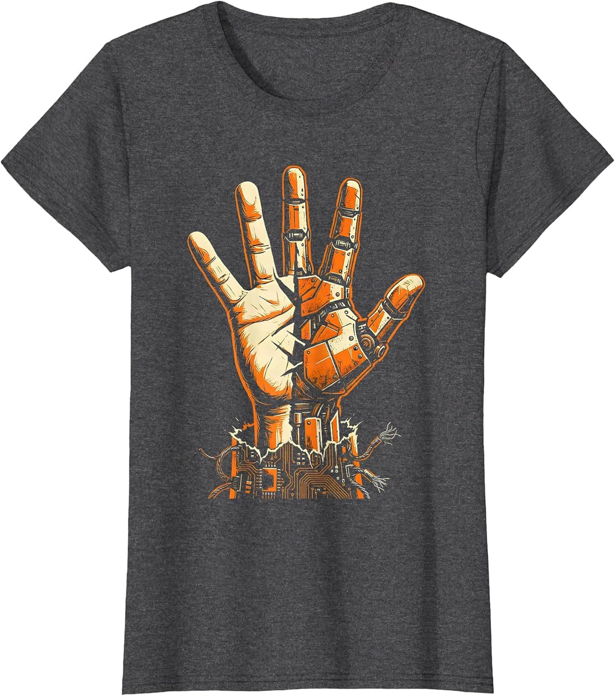 Women's Cyberpunk Half-Machine Hand Reaching Upward T-Shirt - Dark Heather Grey
