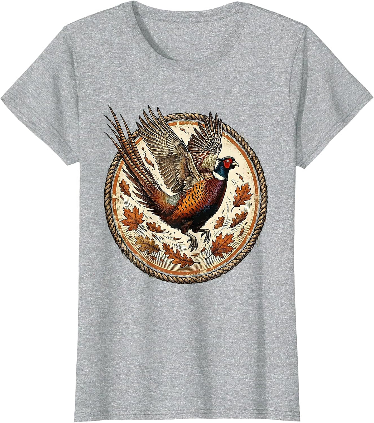 Pheasant Flush Autumn Leaves Wildlife Illustration T-Shirt - Heather Grey