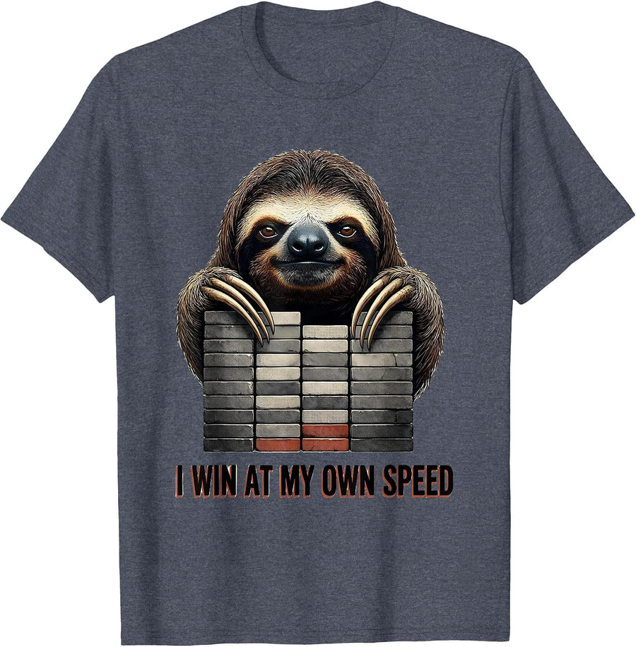 I Win At My Own Speed Funny Sloth Lover Humor T-Shirt - Heather Blue