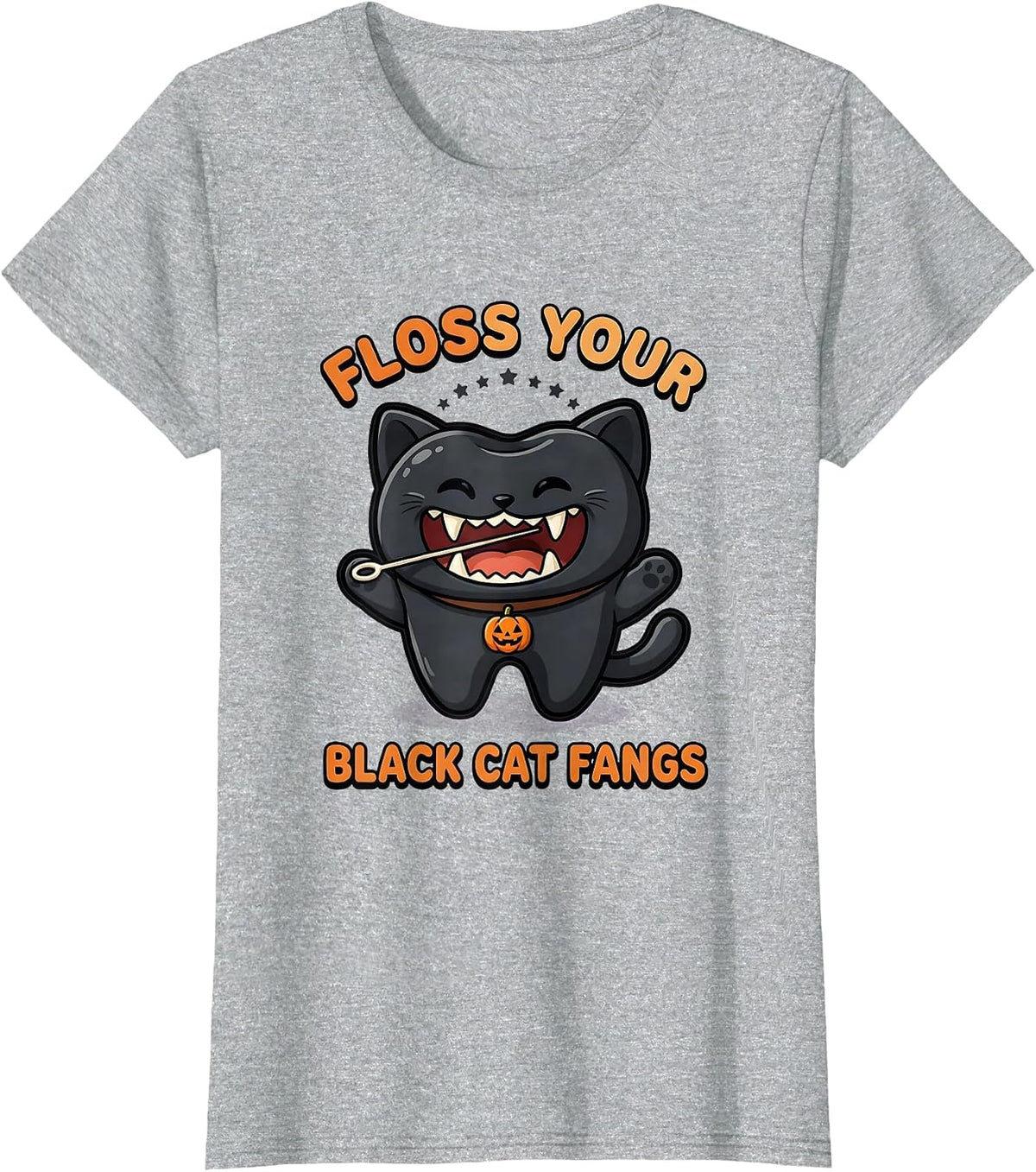 Women's Floss Your Black Cat Fangs Cute Kawaii Halloween Dentist T-Shirt - Heather Grey