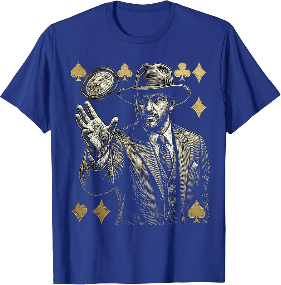 Suited Gambler Flipping Gold Coin Poker Design T-Shirt - Royal Blue
