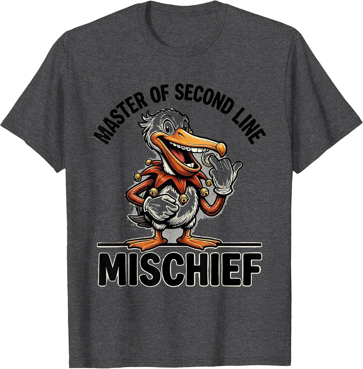 Men's Master of Second Line Mischief Retro Cartoon Mardi Gras T-Shirt - Dark Heather Grey