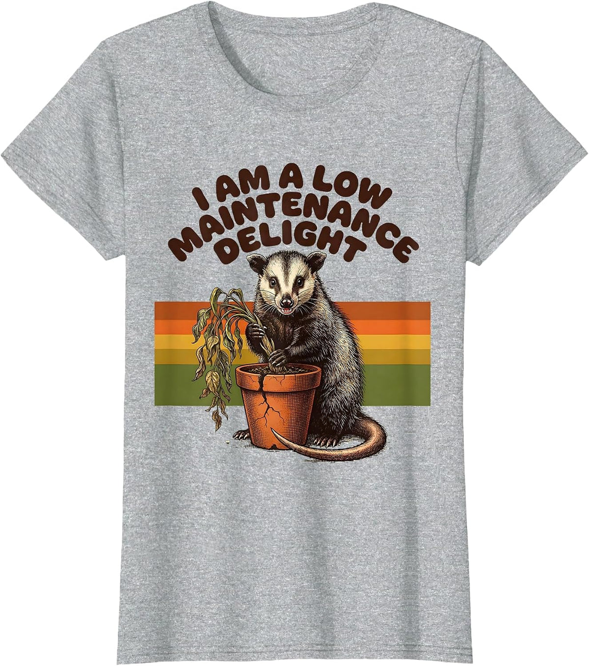 Women's I Am A Low Maintenance Delight Retro 70s Possum Meme Opossum T-Shirt - Heather Grey