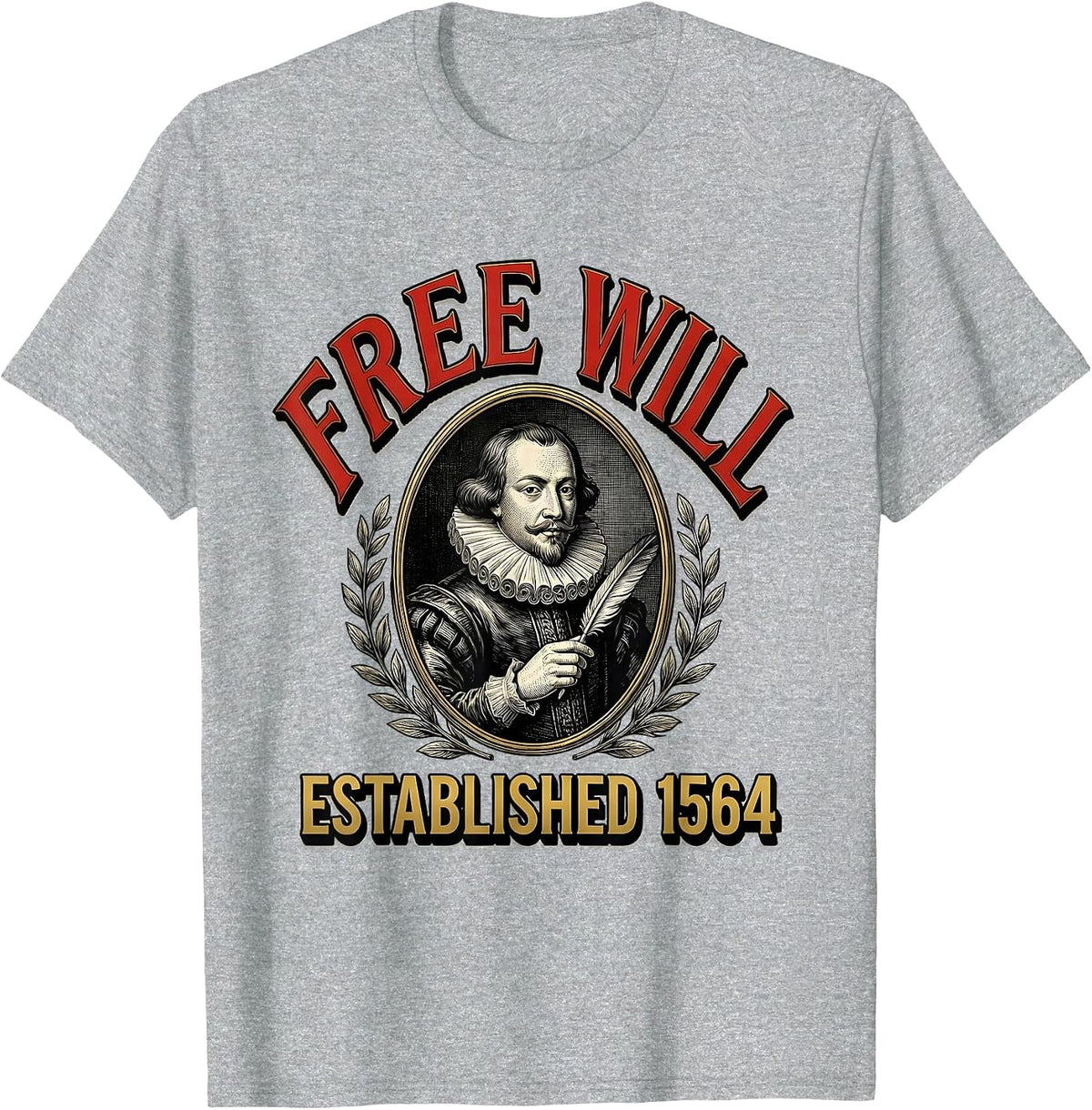Men's Free Will Established 1564 Vintage Literary Shakespeare Fan T-Shirt - Heather Grey