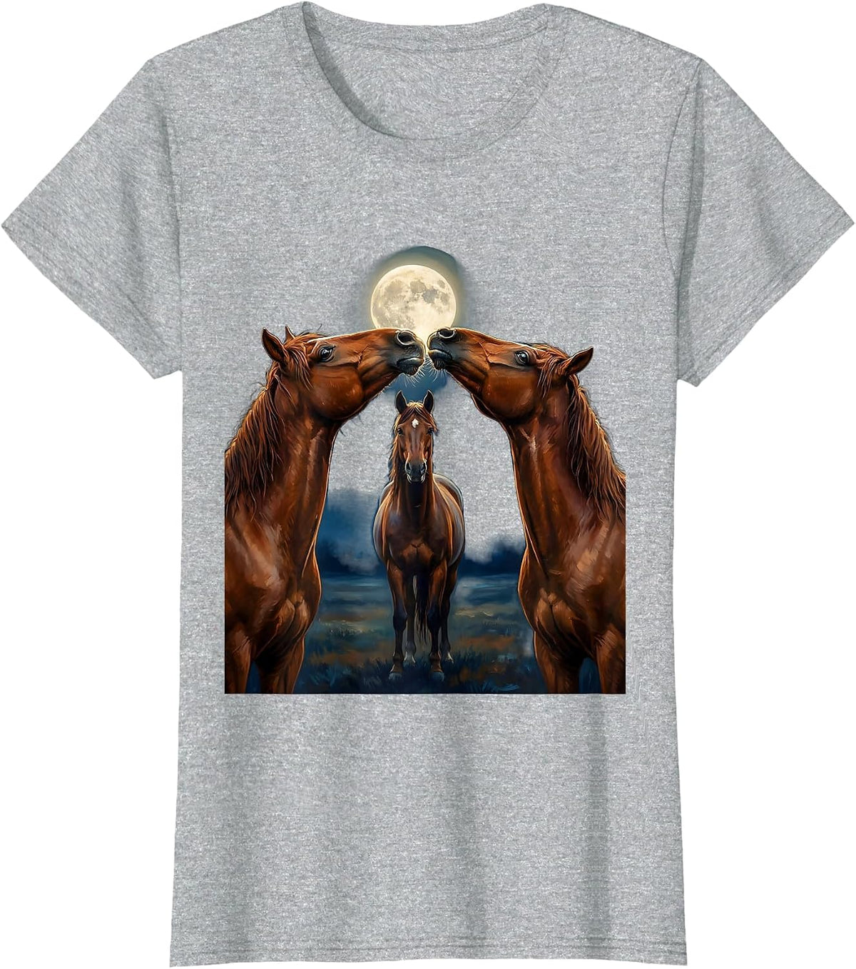 Women's Three Horses Howling At The Moon Funny Horse Lover T-Shirt - Heather Grey