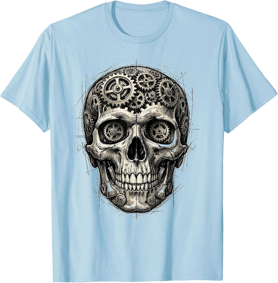 Men's Science Teacher Skull Gears Test Tubes Graphic T-Shirt - Baby Blue