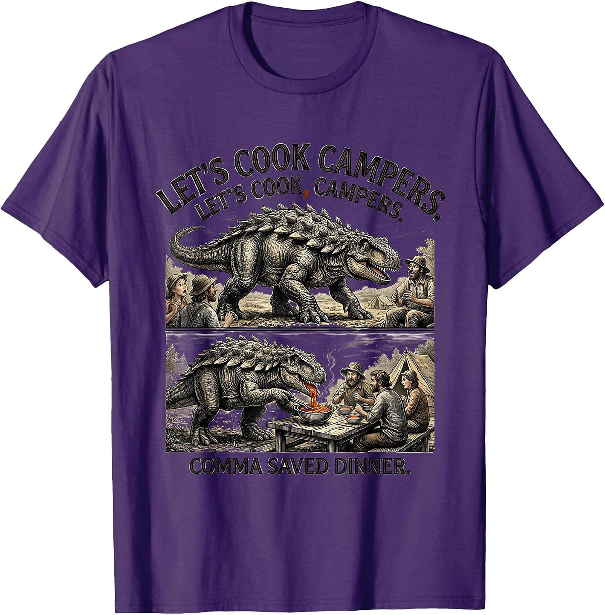 Men's Let's cook campers. Let's cook, campers. Comma saved dinner. T-Shirt - Purple