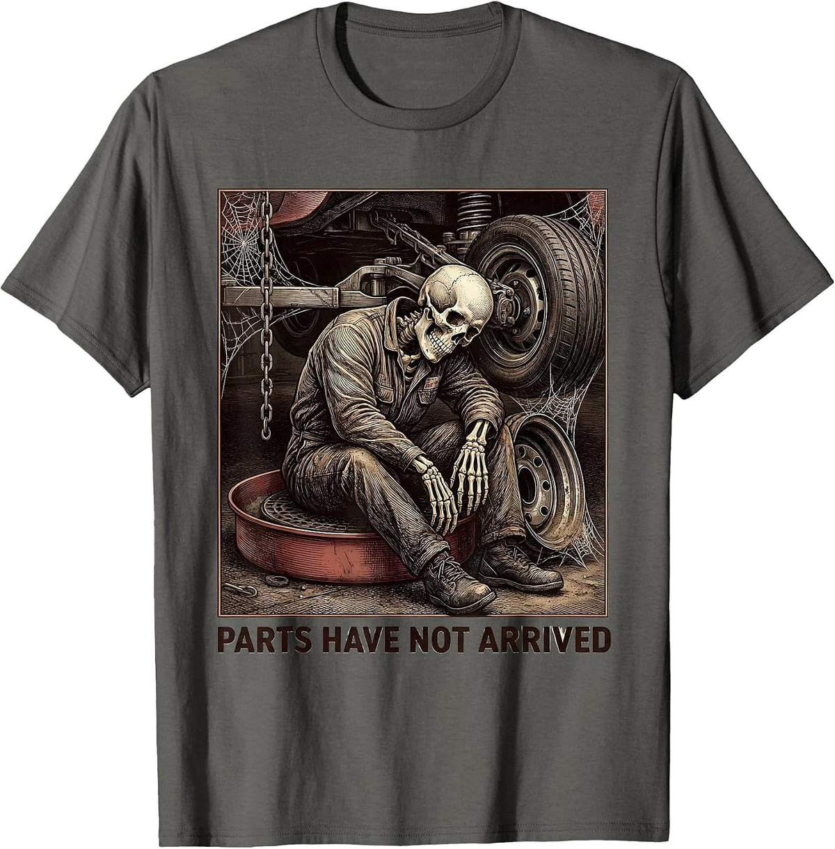 Men's PARTS HAVE NOT ARRIVED Funny Mechanic Skeleton Auto Repair T-Shirt - Asphalt Grey