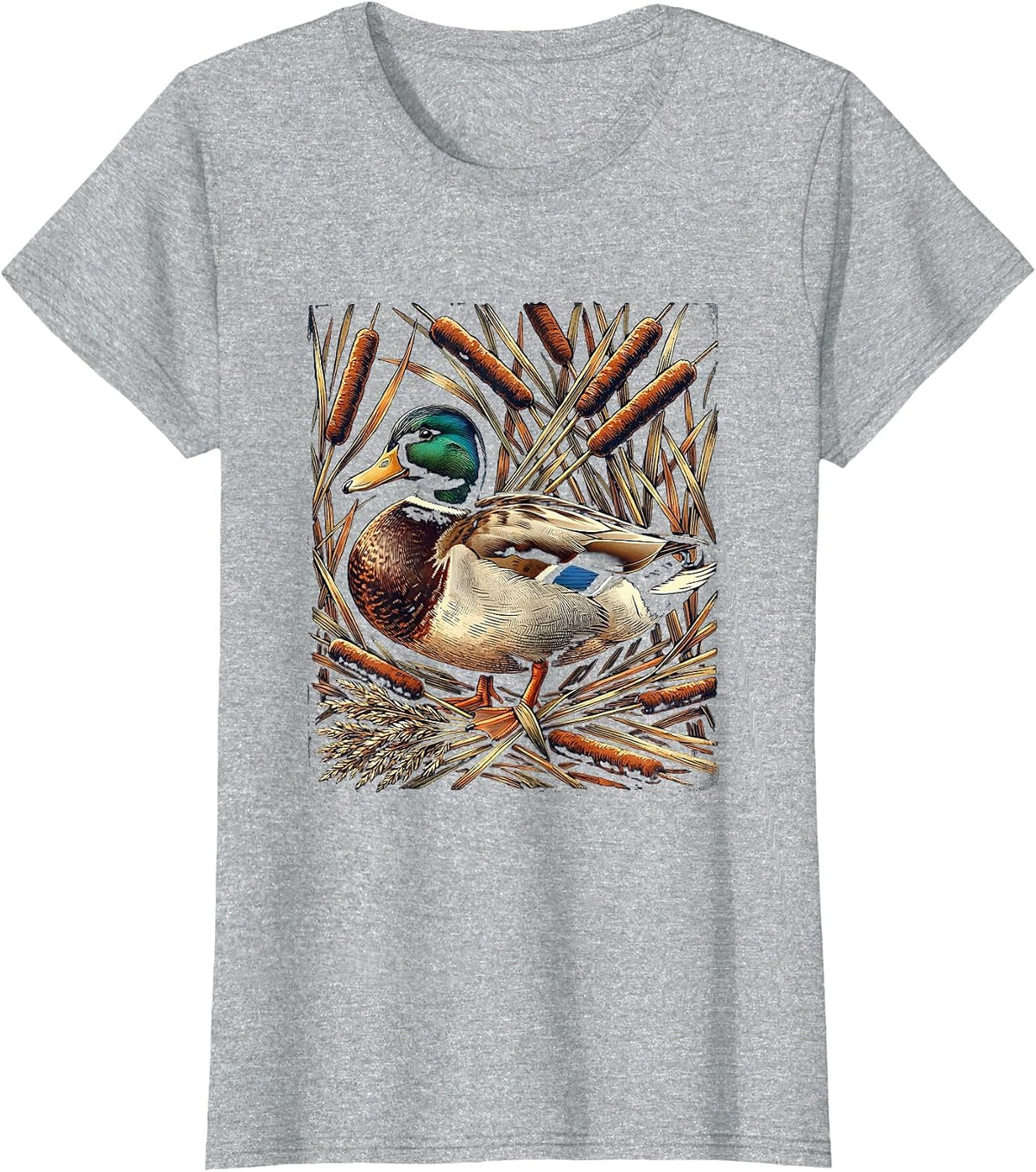 Duck Tangled in Cattails and Reeds Illustration T-Shirt - Heather Grey