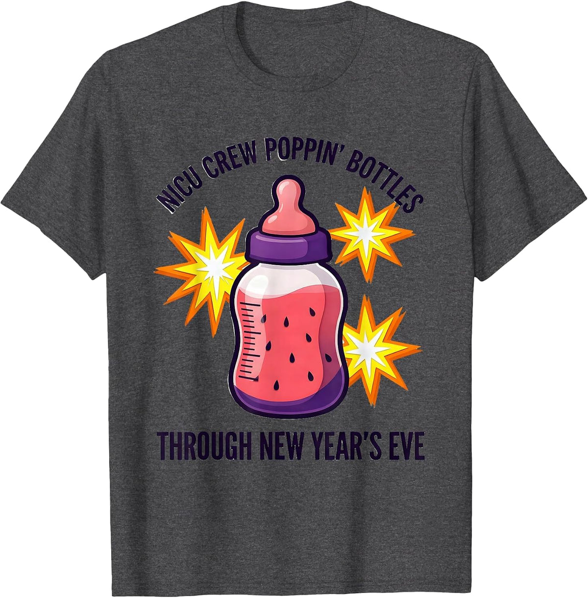 Men's NICU Crew Poppin' Bottles Through New Year's Eve Nurse T-Shirt - Dark Heather Grey