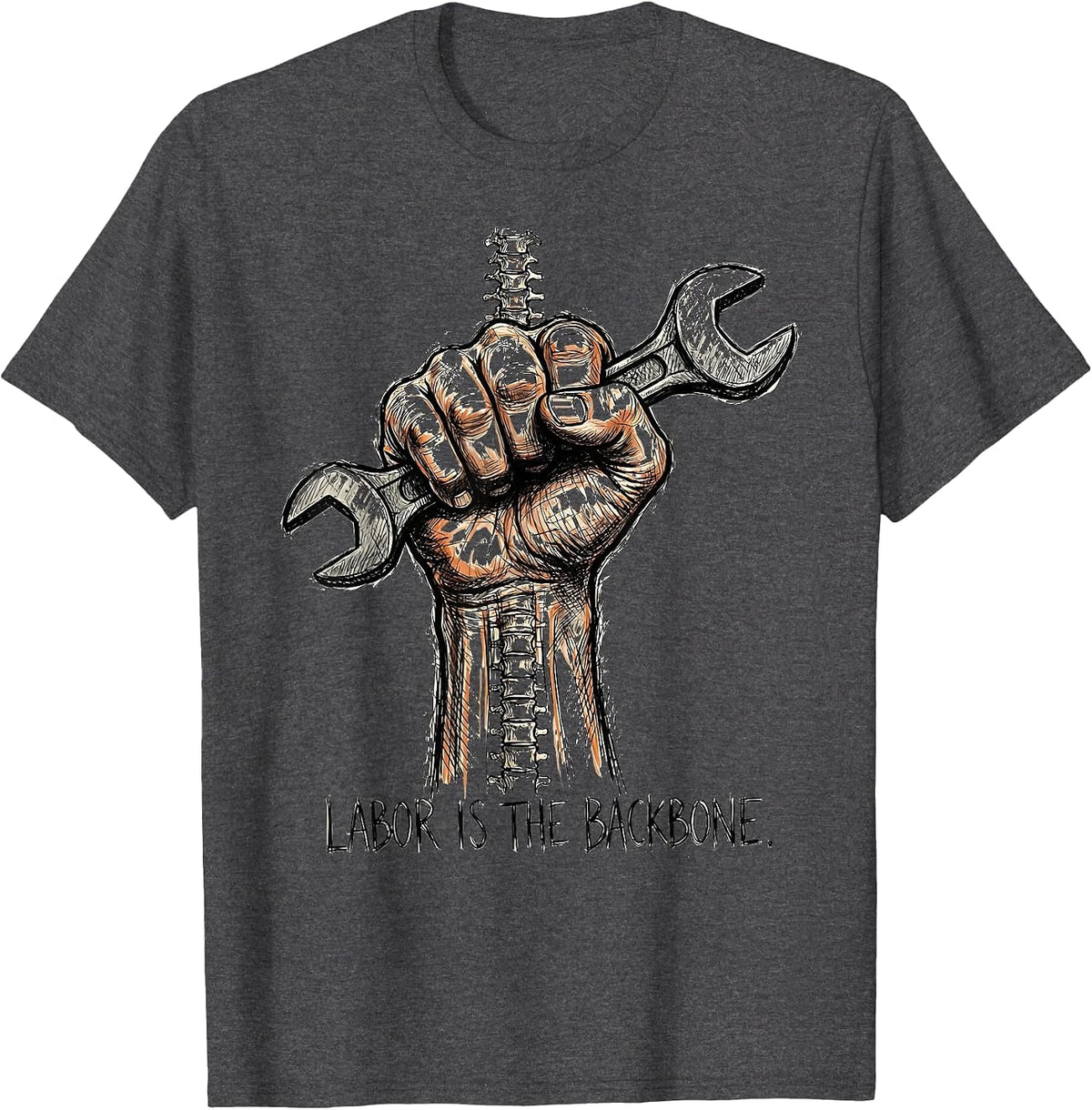 Labor Is the Backbone Labor Day Graphic Design T-Shirt - Dark Heather Grey