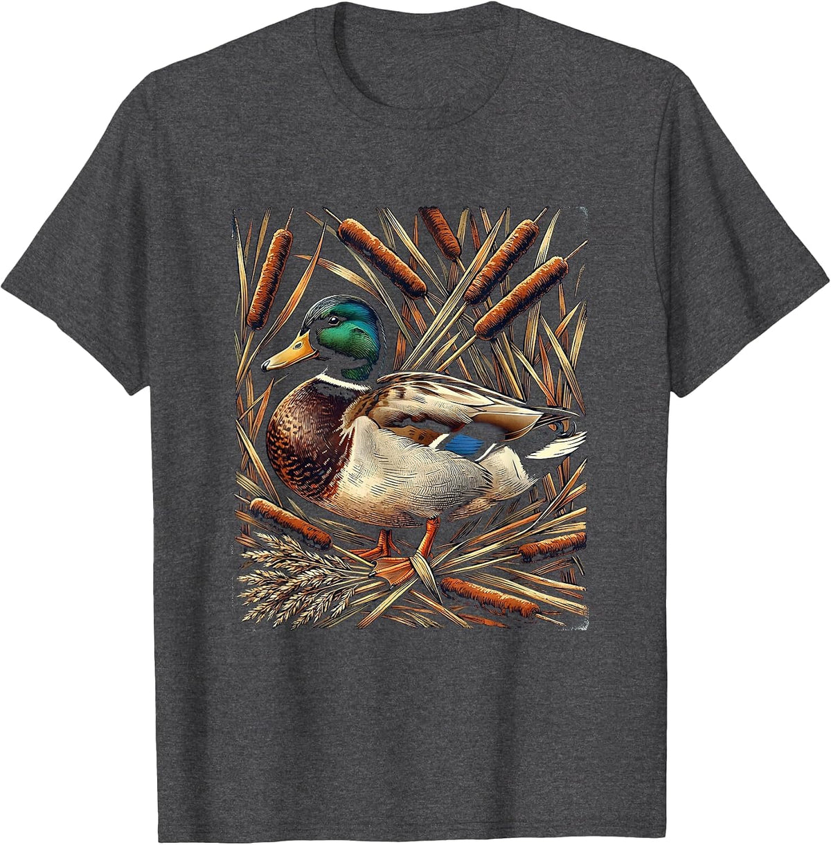 Duck Tangled in Cattails and Reeds Illustration T-Shirt - Dark Heather Grey