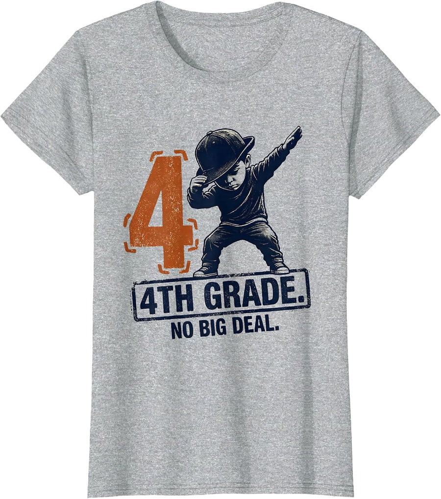 4th Grade No Big Deal Rubber Stamp Dabbing Boy Back To T-Shirt - Heather Grey