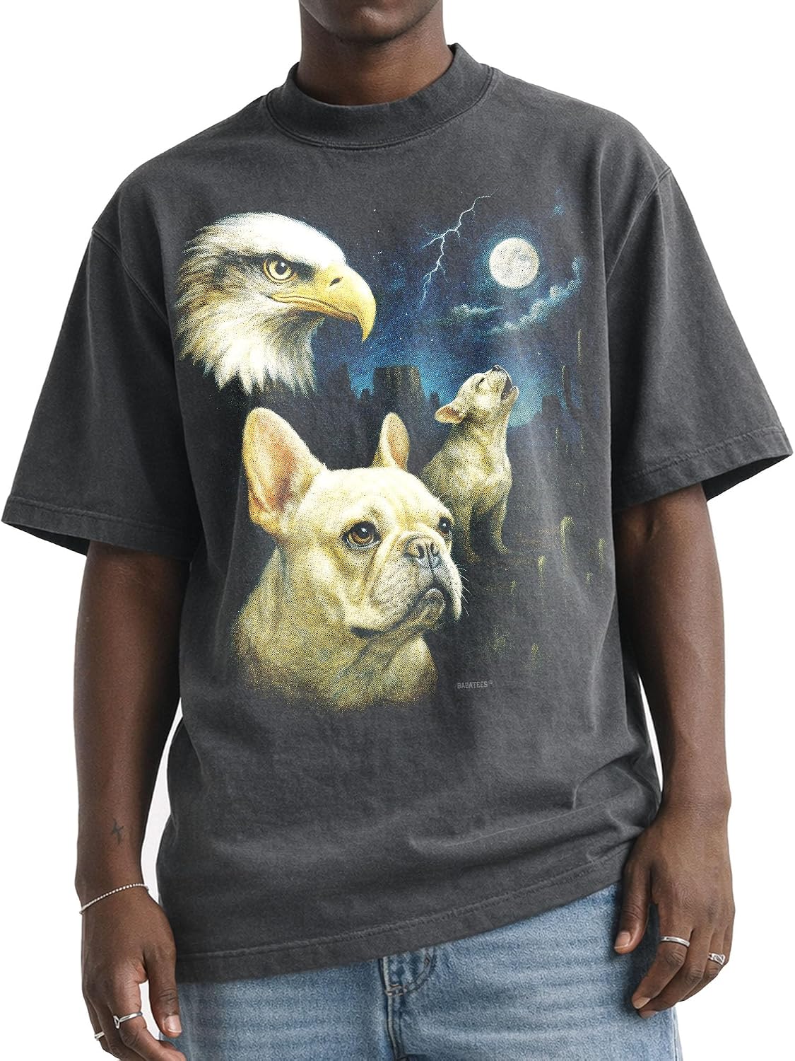 Shaka Wear Dog & Bald Eagle Thunder Tshirt - Faded Max-Heavyweight 7.5oz Oversized & Boxy - Cream French Bulldog