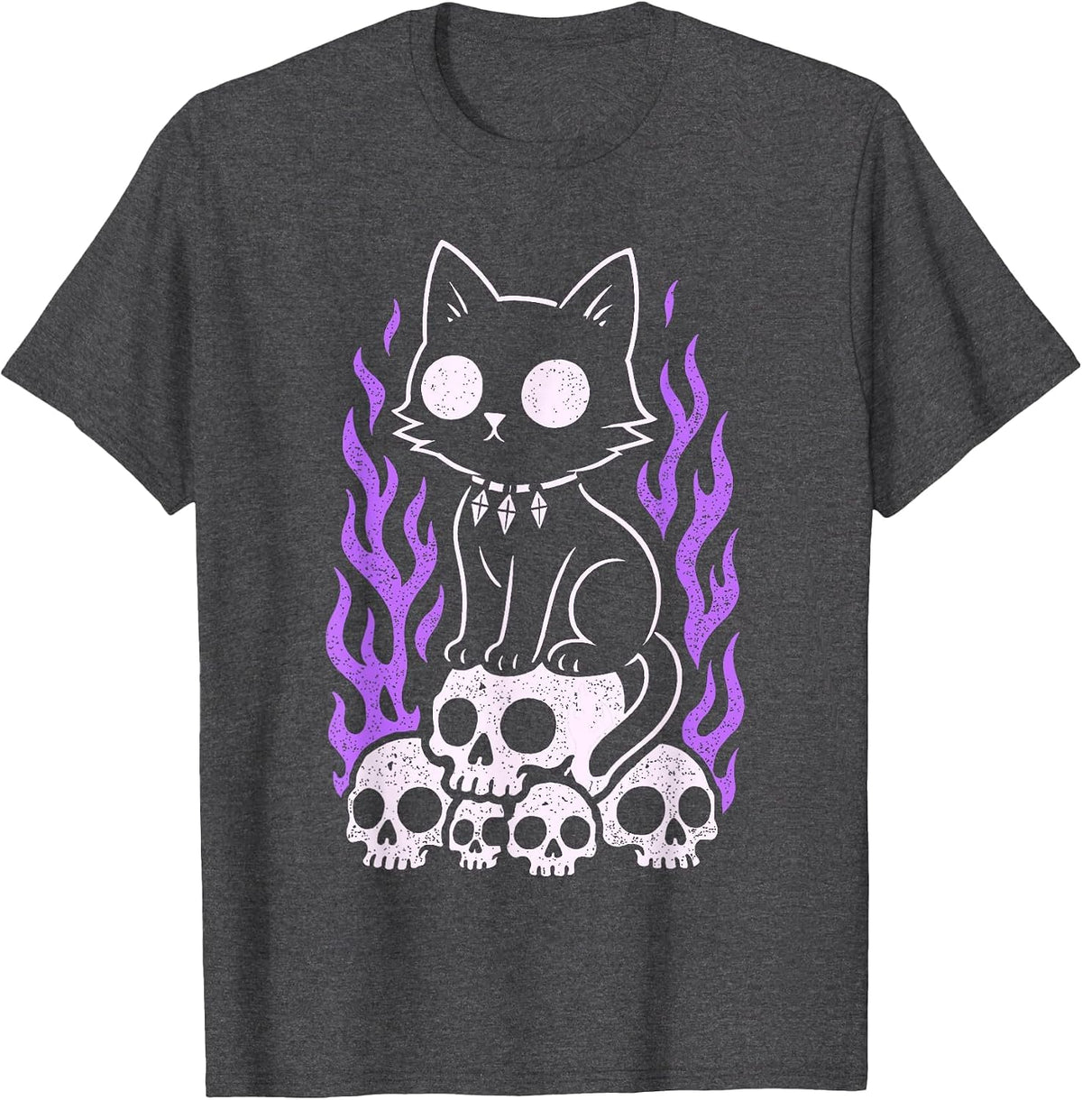 Cat Kitty Skulls Creepy Cute Kawaii Pastel Goth Purple Flame T-Shirt - Dark Heather Grey