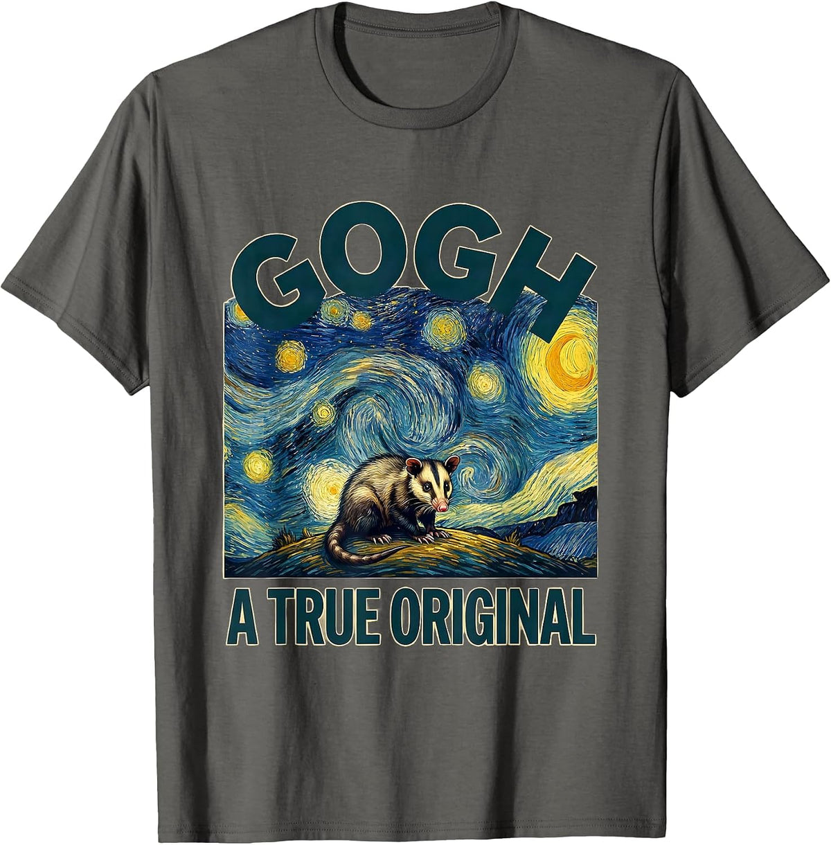 Gogh, A True Original Funny Opossum Van Gogh Starry Night T-Shirt - Asphalt Grey