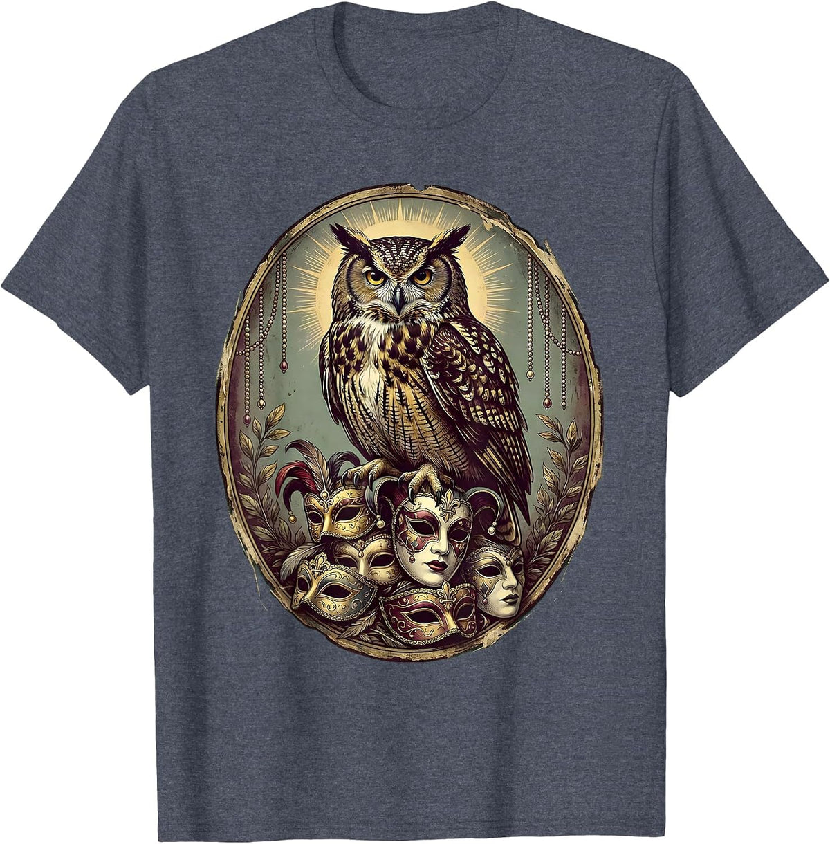 Mardi Gras Owl on a Stack of Festive Masks T-Shirt - Heather Blue