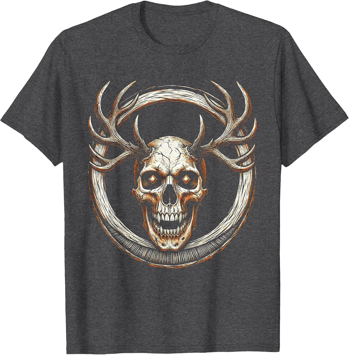 Demon Skull Antlers Glowing Eyes Halloween Design T-Shirt - Dark Heather Grey