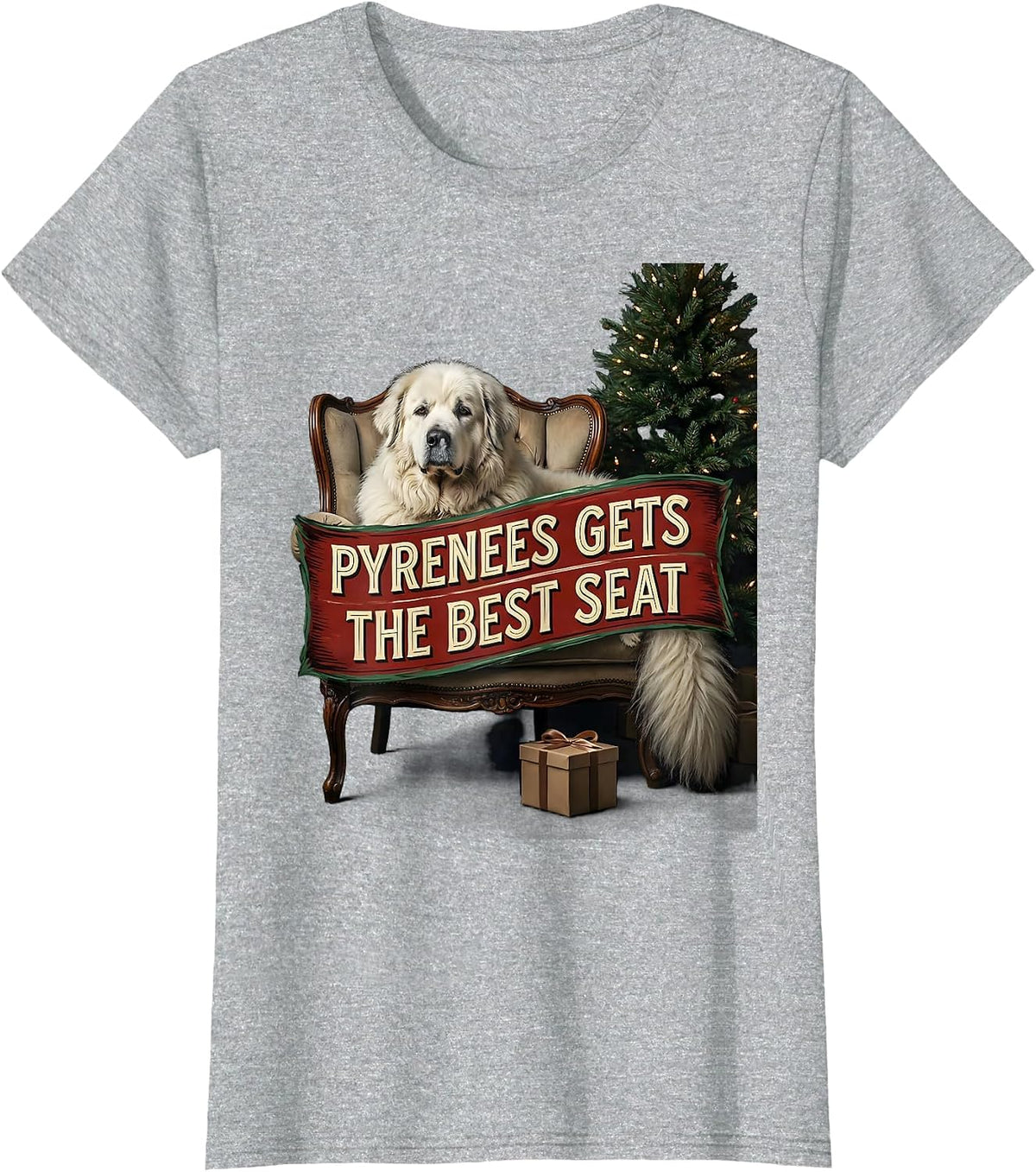 Women's Pyrenees Gets The Best Seat Funny Christmas Dog Breed Lover T-Shirt - Heather Grey
