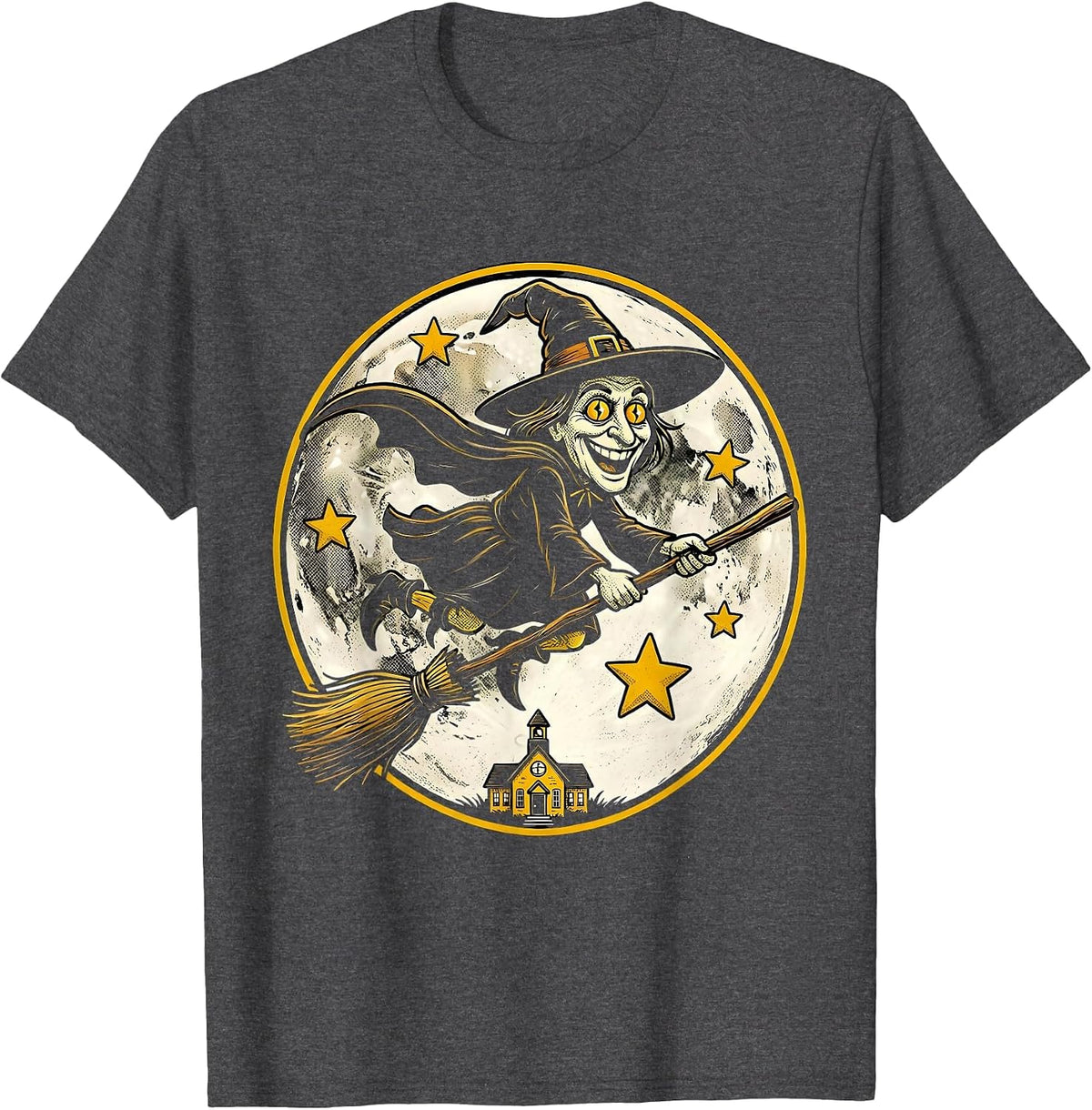 Halloween Teacher Witch Flying Over Schoolhouse T-Shirt - Dark Heather Grey