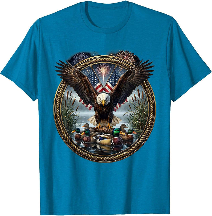 Camo Waterfowl Decoys Foggy Lake Hunting Design T-Shirt - Sapphire Blue
