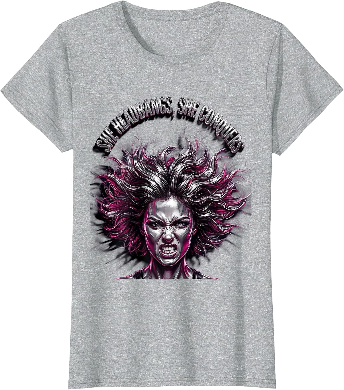 She Headbangs She Conquers Rock N Roll Design T-Shirt - Heather Grey