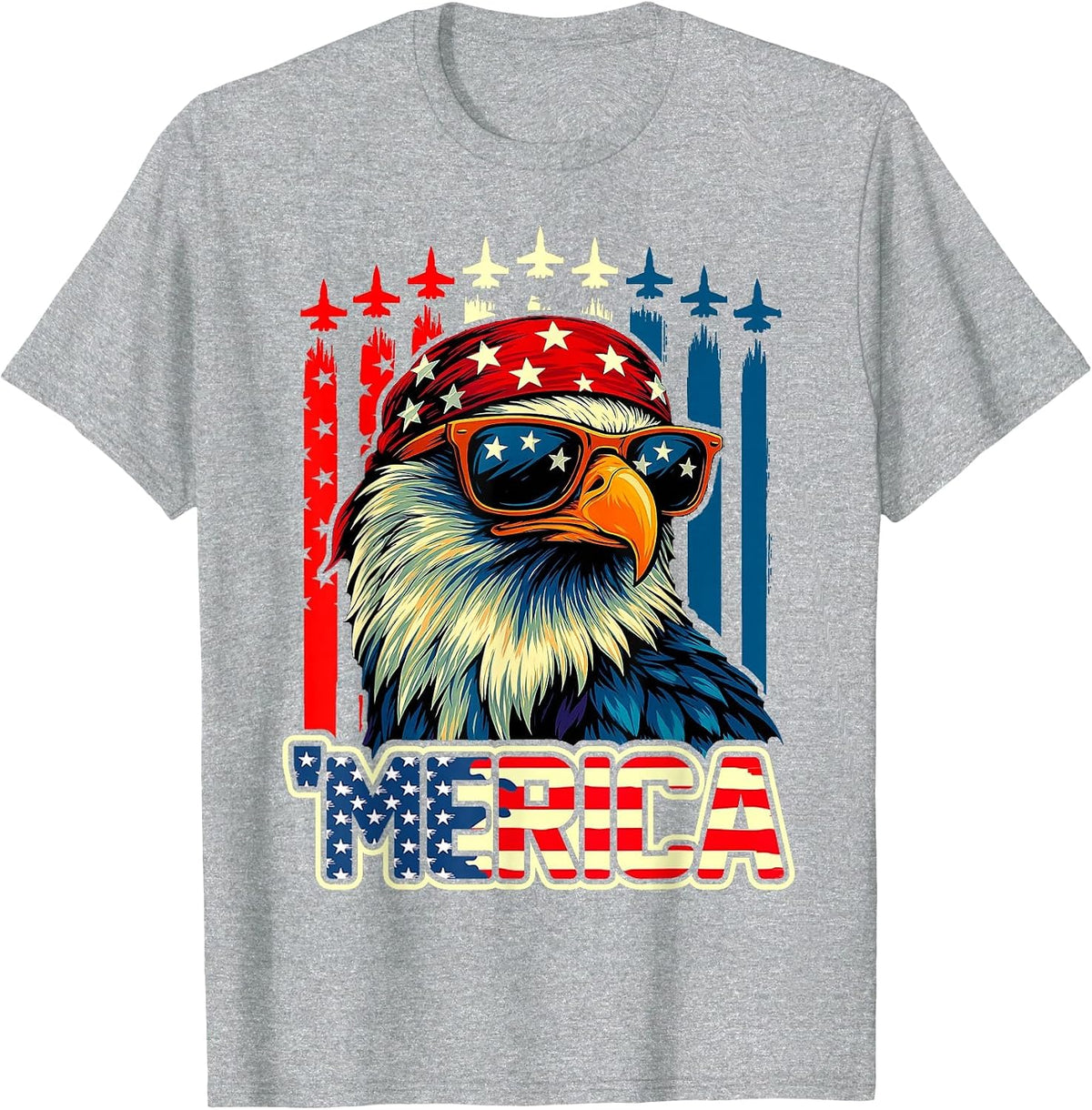 Merica Eagle American Flag Airplane 4th of July Patriotic T-Shirt - Heather Grey