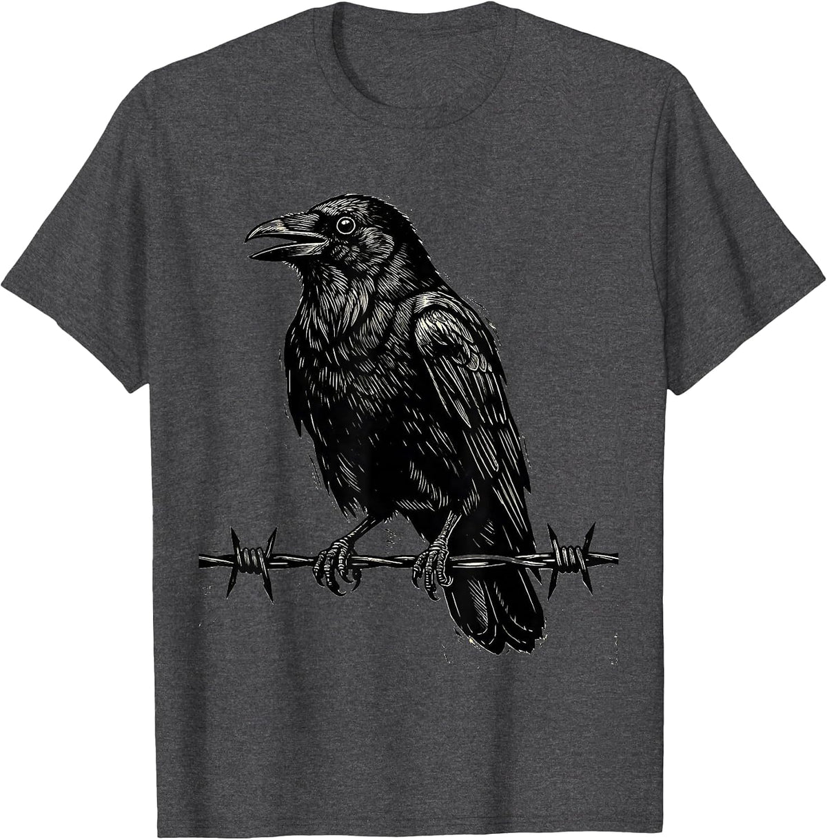 Crow Perched on Barbed Wire Fence Illustration T-Shirt - Dark Heather Grey