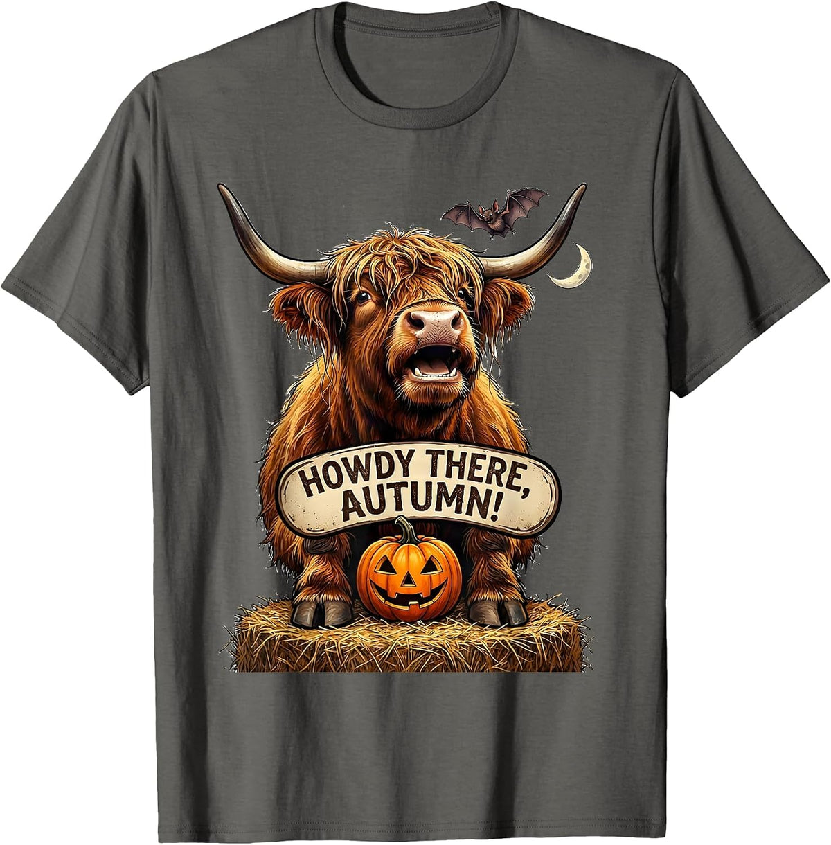Men's Howdy There Autumn Cartoon Highland Cow Funny Fall Halloween T-Shirt - Asphalt Grey