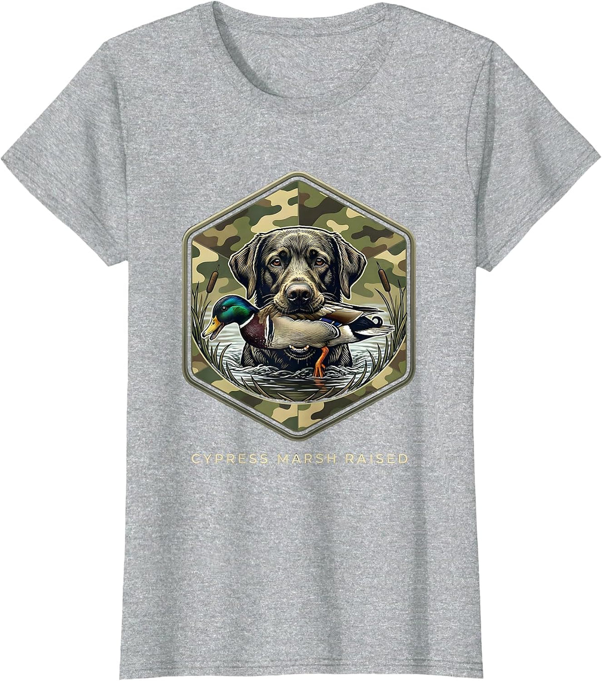 Cypress Marsh Raised Hexagonal Badge Labrador Duck Hunting T-Shirt - Heather Grey