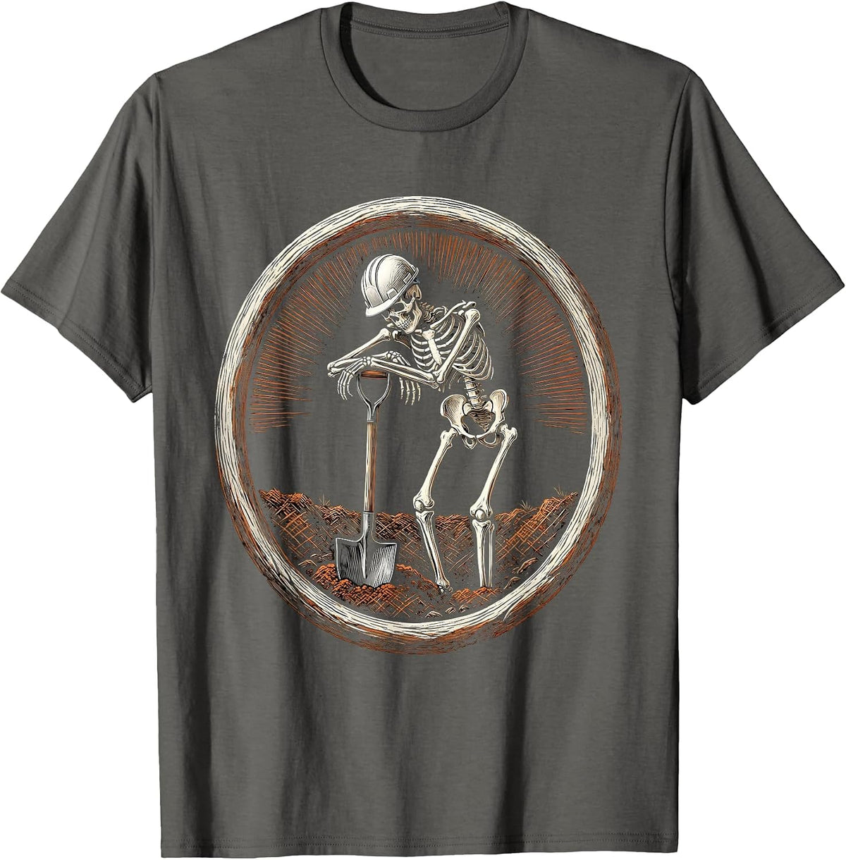 Labor Day Skeleton Hard Hat Shovel Sarcastic T-Shirt - Asphalt Grey