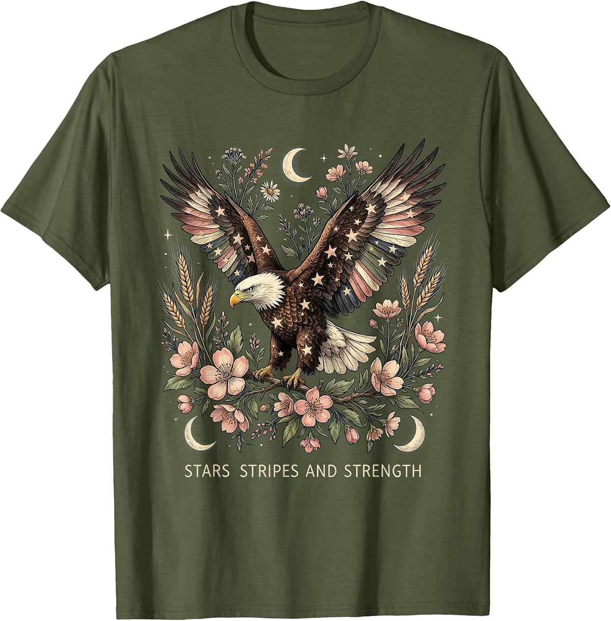 Stars Stripes and Strength Patriotic Design T-Shirt - Olive Green