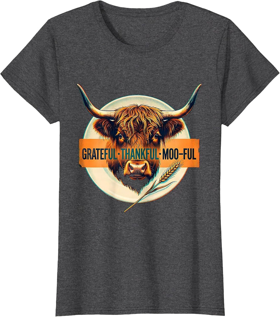 Women's Grateful Thankful Moo-ful Highland Cow Farm Animal T-Shirt - Dark Heather Grey
