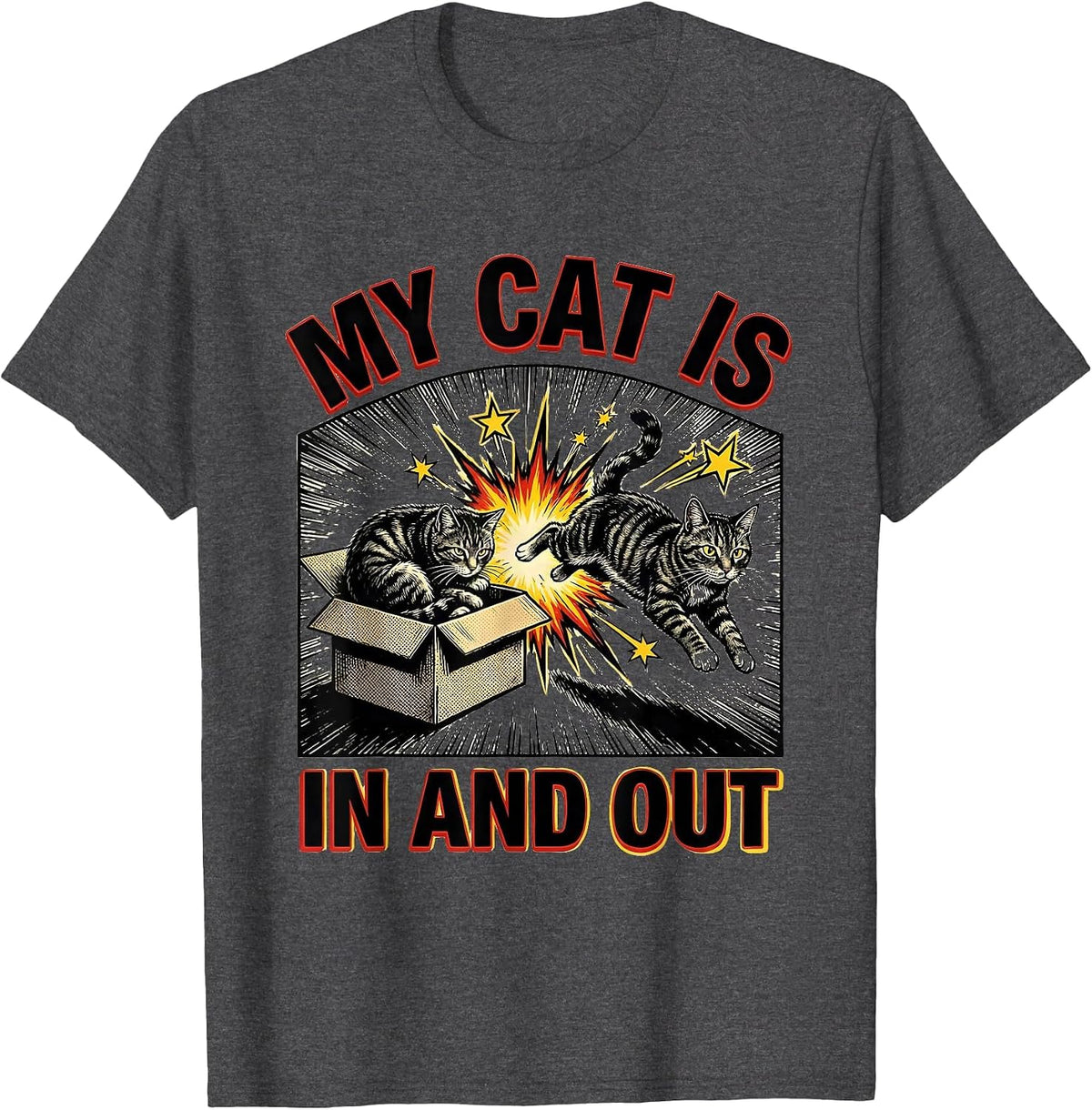 My Cat Is In And Out Comic Book Quantum Physics Humor T-Shirt - Dark Heather Grey