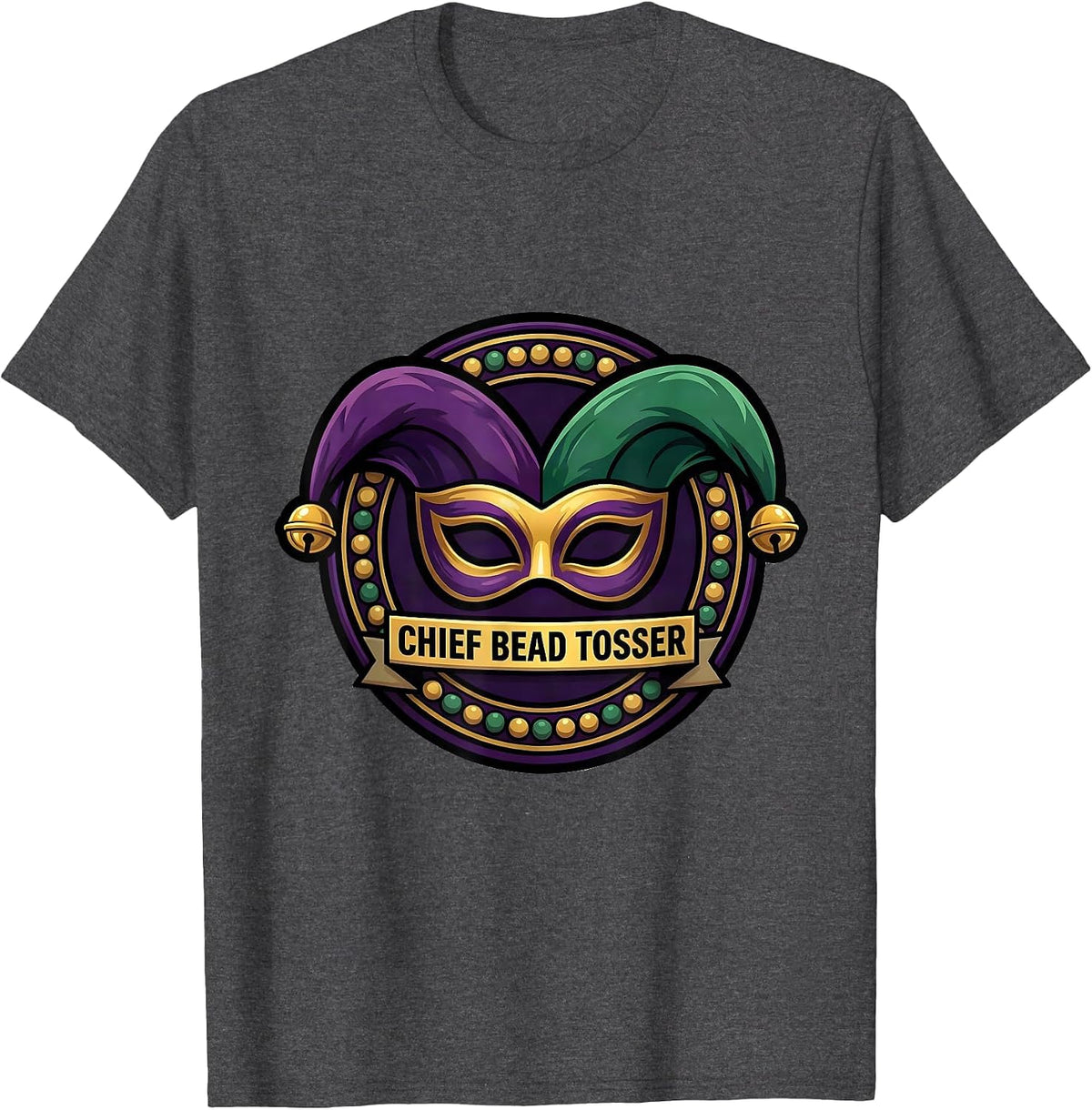 Men's Chief Bead Tosser Cartoon Mardi Gras Carnival Party Costume T-Shirt - Dark Heather Grey