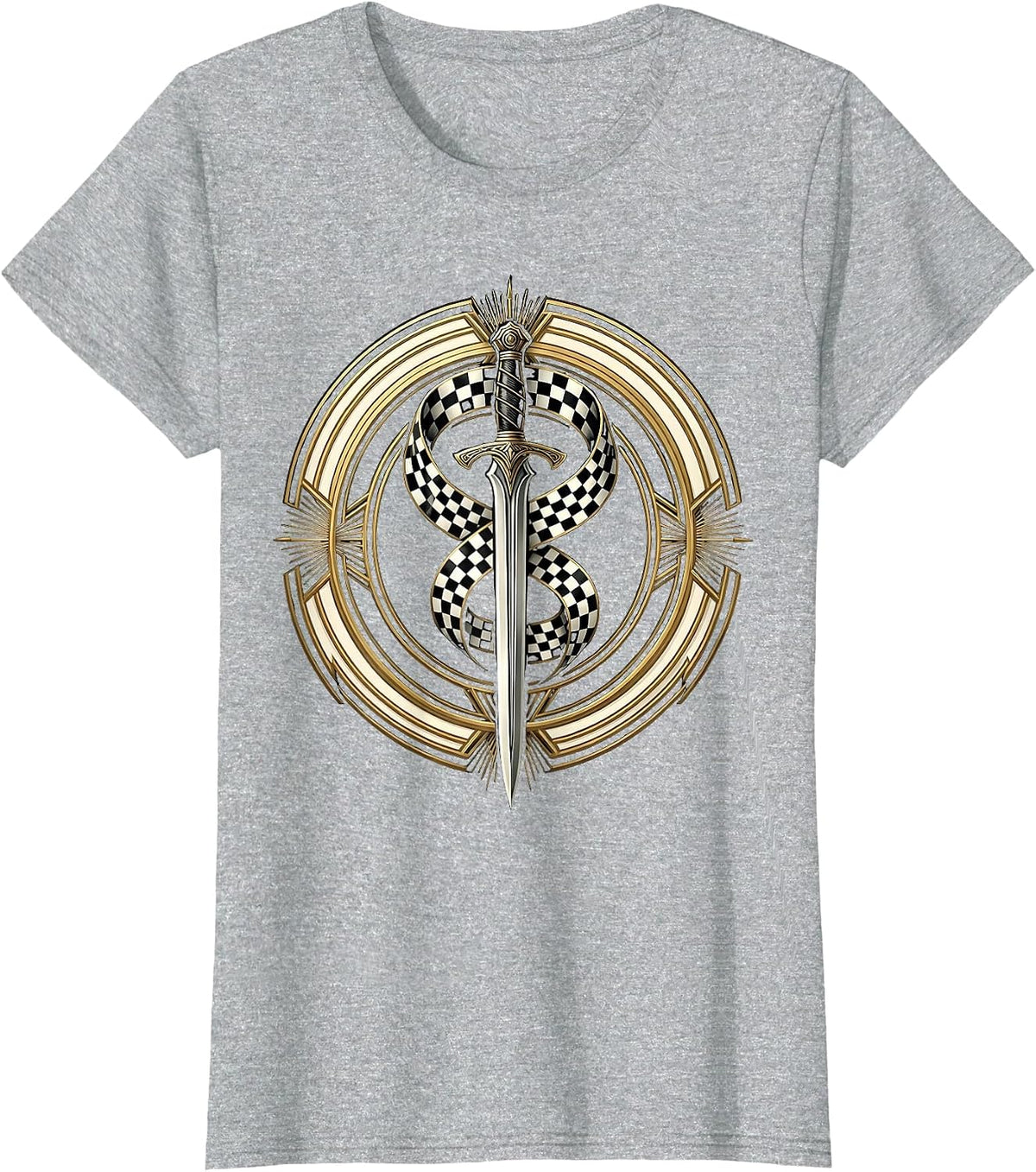 Dagger Wrapped in Checkered Ribbon Graphic T-Shirt - Heather Grey