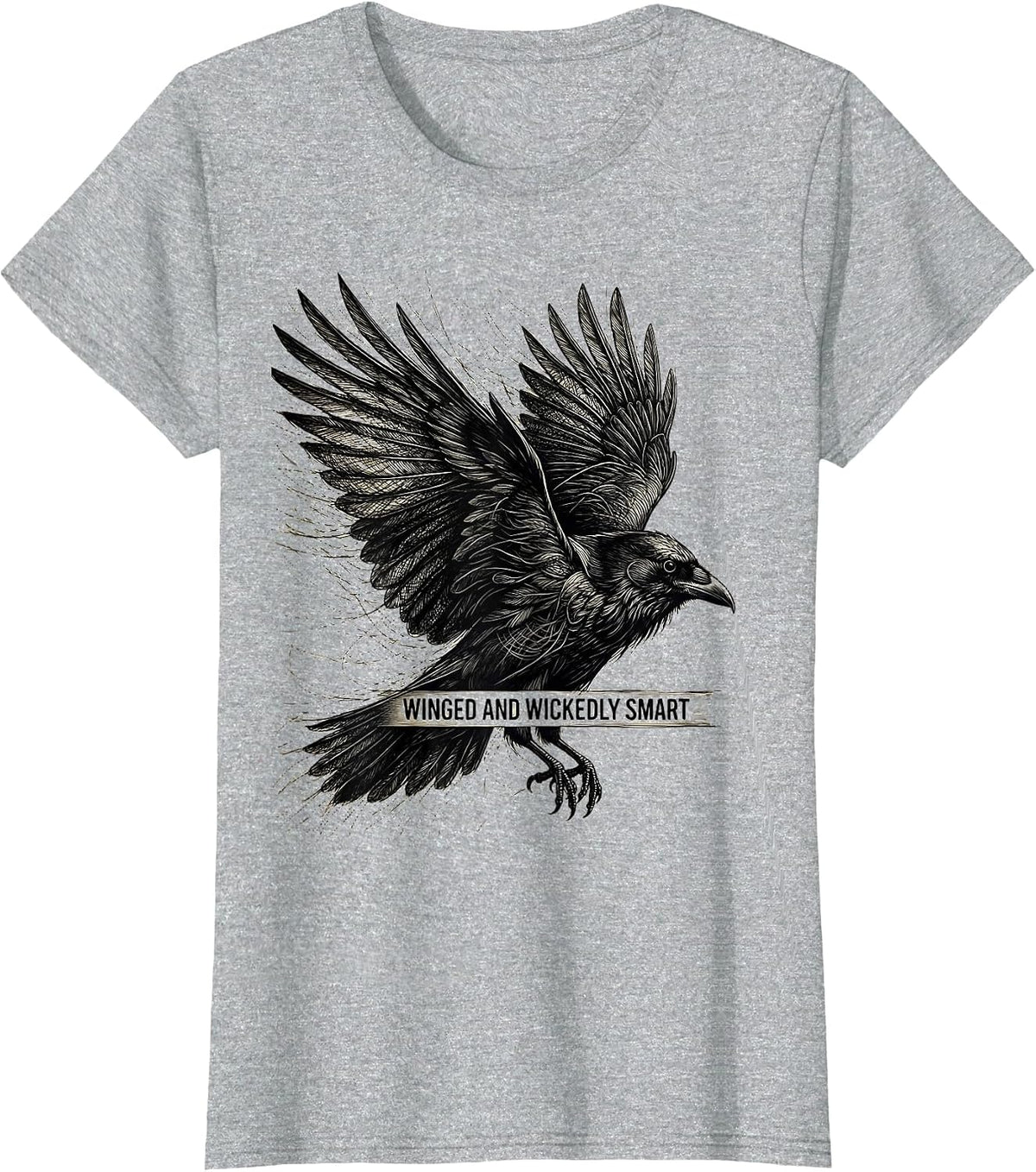 Winged and Wickedly Smart Crow Design T-Shirt - Heather Grey