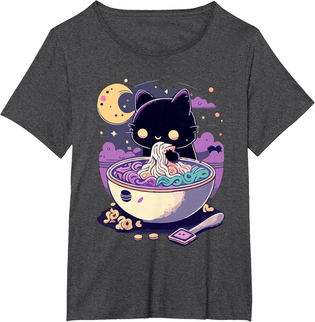 Creepy Kawaii Cat Eating Ramen Noodles Pastel Goth Aesthetic T-Shirt - Dark Heather Grey