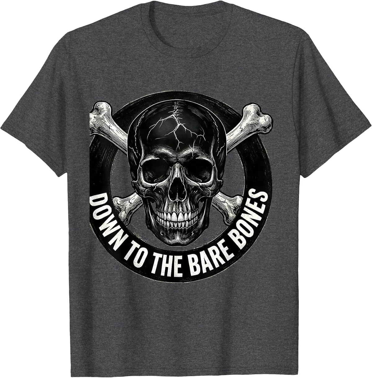Down to the Bare Bones Skeleton Graphic Design T-Shirt - Dark Heather Grey