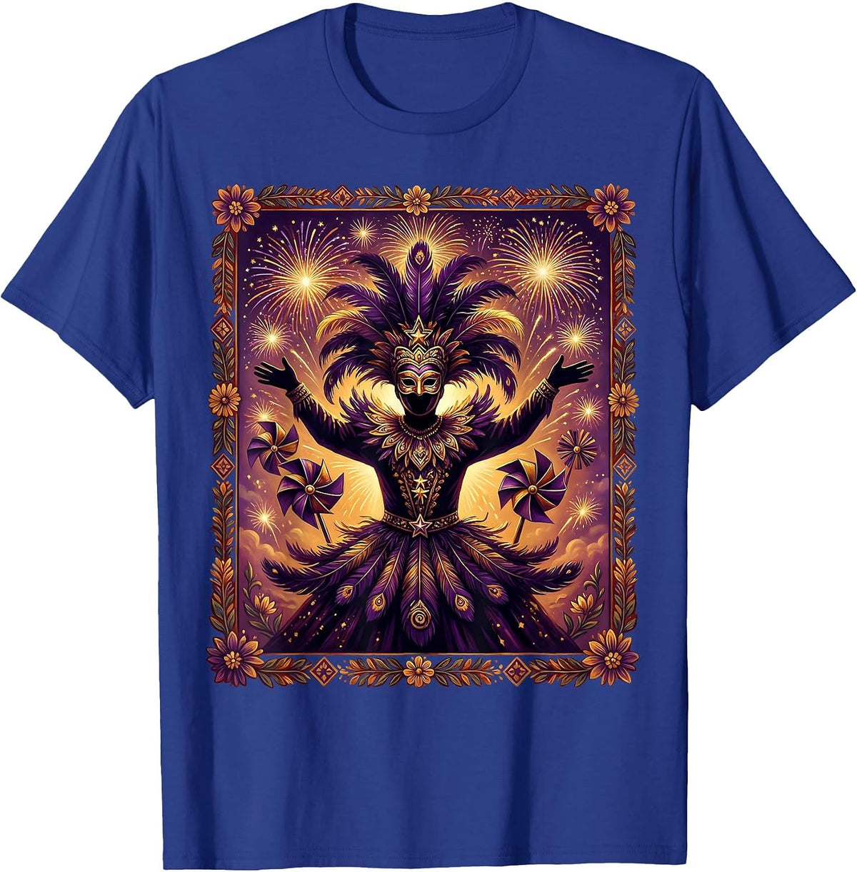 Mardi Gras Masked Reveler Fireworks Silhouette T-Shirt - Royal Blue