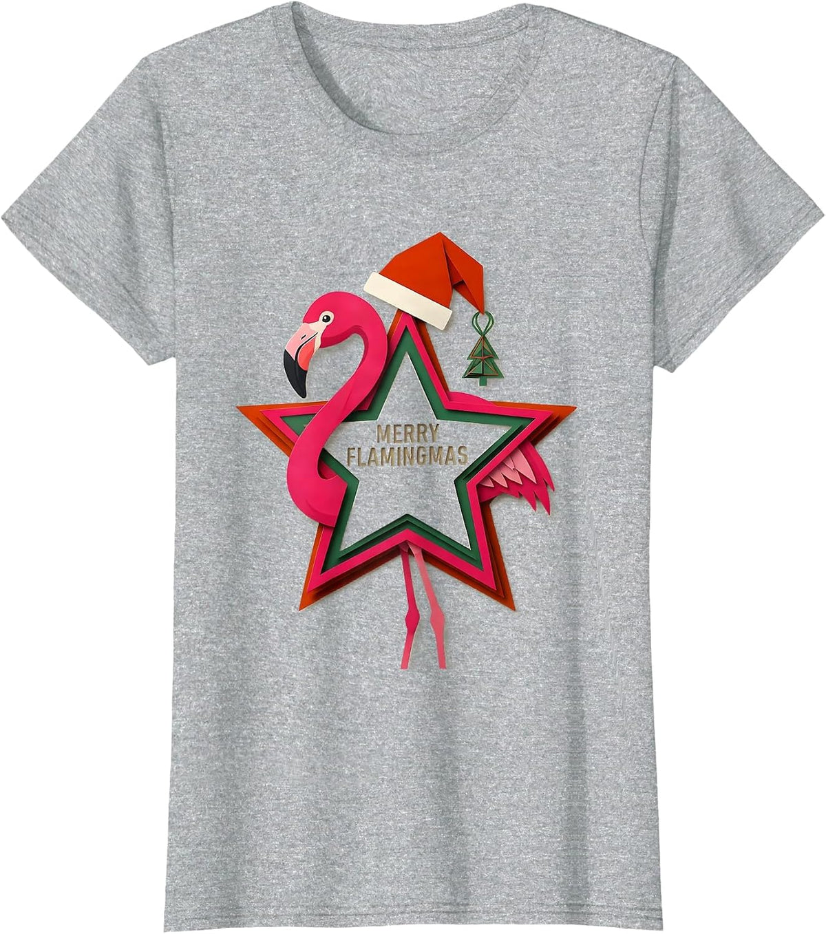 Merry Flamingmas Pink Flamingo Christmas Star Ornament T-Shirt - Heather Grey