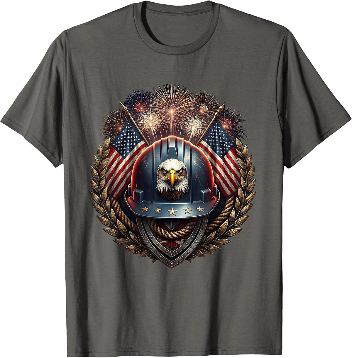 Stars and Stripes Hard Hat Labor Day Patriotic T-Shirt - Asphalt Grey
