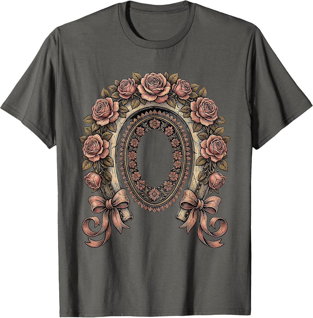 Floral Horseshoe Roses Derby Fashion Design T-Shirt - Asphalt Grey