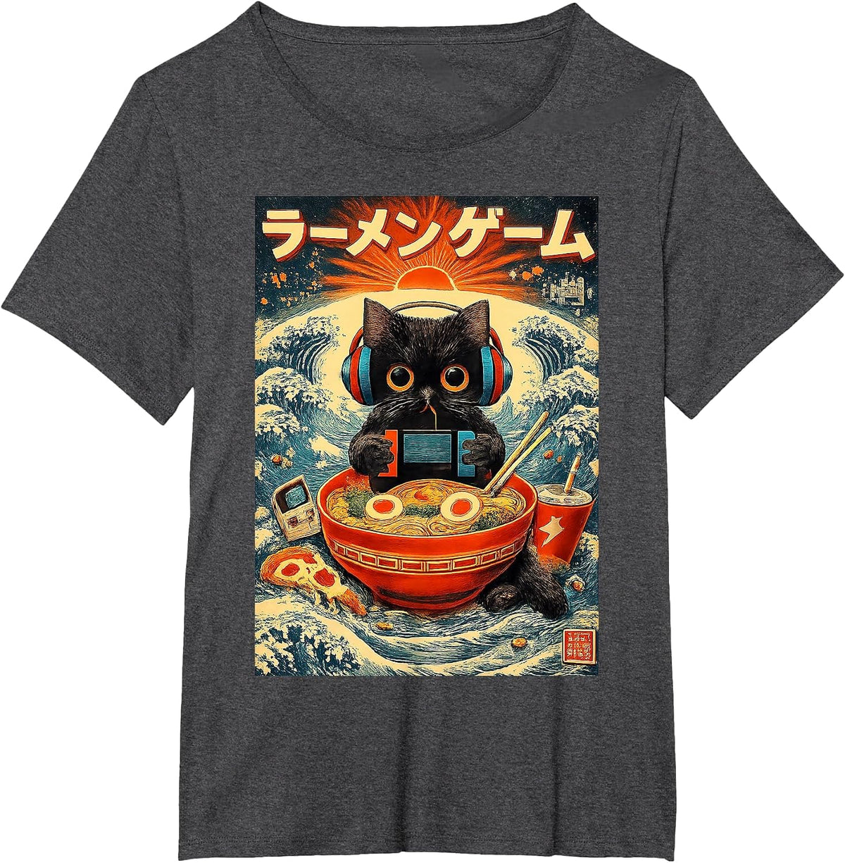 Ramen Gamer Cat Vintage Japanese Art Funny for Men Women Kid T-Shirt - Dark Heather Grey