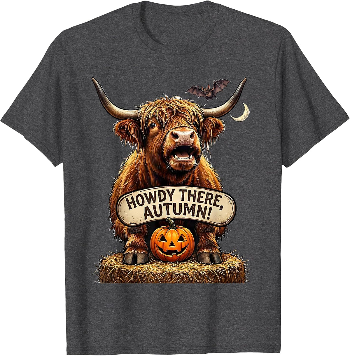 Men's Howdy There Autumn Cartoon Highland Cow Funny Fall Halloween T-Shirt - Dark Heather Grey